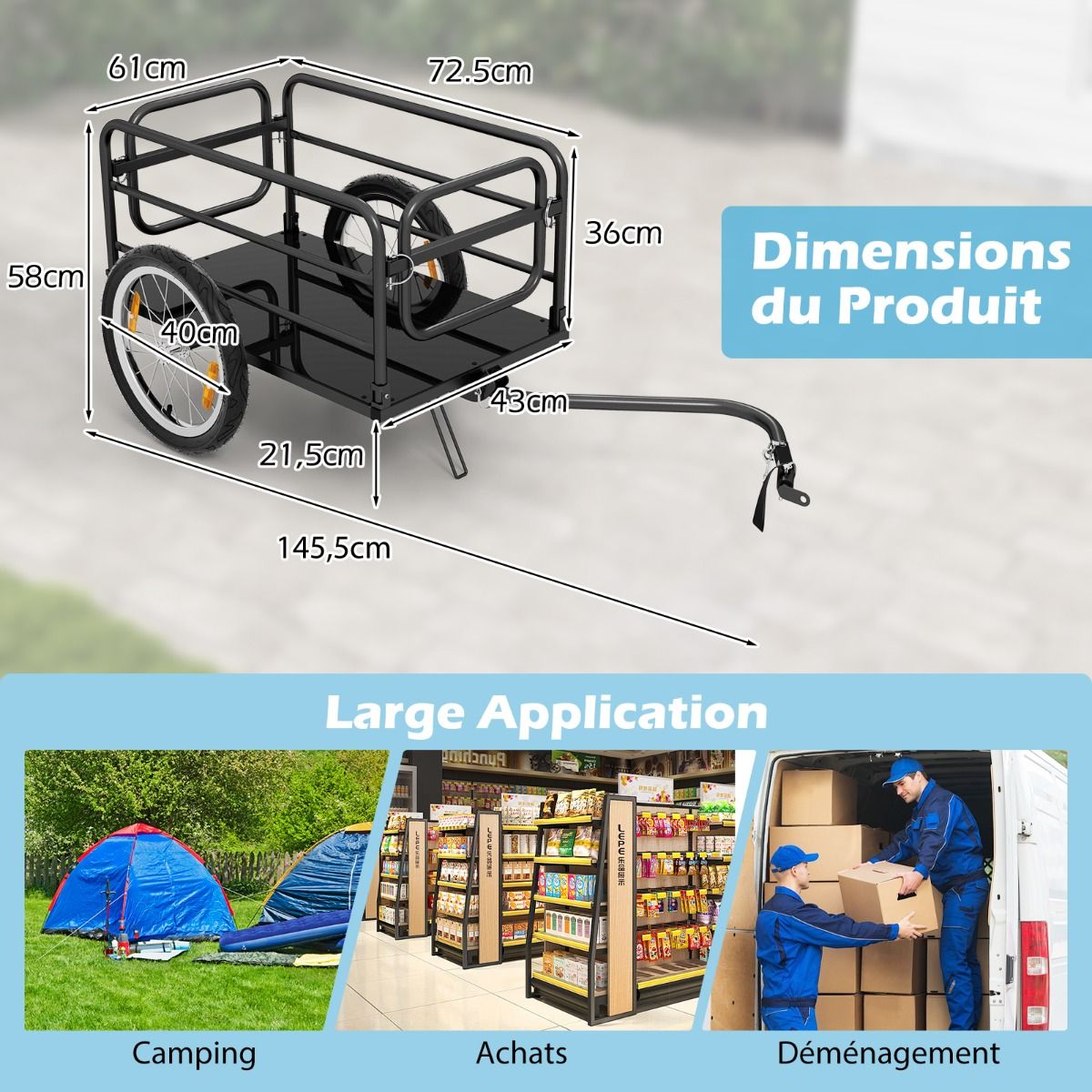 Bicycle Trailer with Foldable Frame Load 55 kg Bicycle Trolley with Oxford Cloth Cover 40 cm Air Wheels Blue Reflectors -