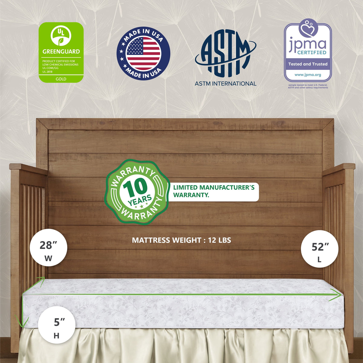 on Me Twinkle 5 88 Coil Crib and Toddler Mattress. Morning Mist Floral. Greenguard Gold Certified - Product image 2