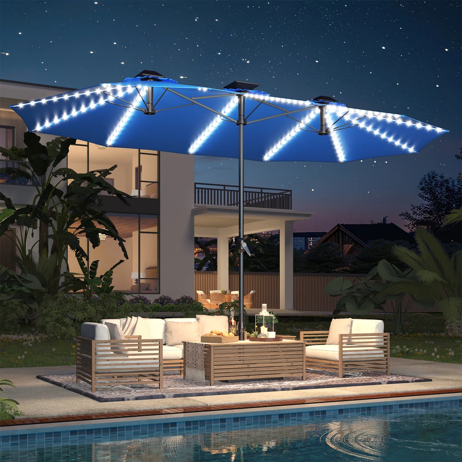 AECOJOY 15ft Patio Double-Sided Umbrella, 156 PCS Solar LED Light Outdoor Large Umbrella, Dark Blue - Product image 8