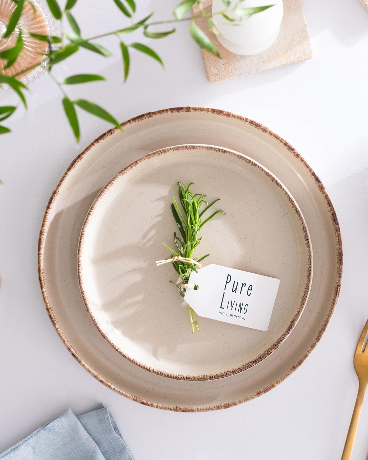 Rustic Stoneware Dinnerware Set for 6 People 24 Pieces - Rustic Dinner Service, Dishwasher Safe - Set of Bowls and Plates - Pure Living Tableware in Beige