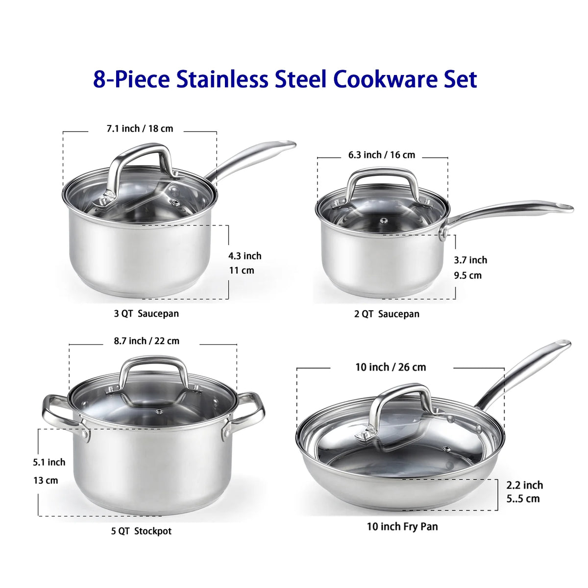 Cook N Home Pots and Pans Stainless Steel, 8 - Piece Induction Pot Kitchen Cookware Set, Silver, Oven Safe - Product image 4