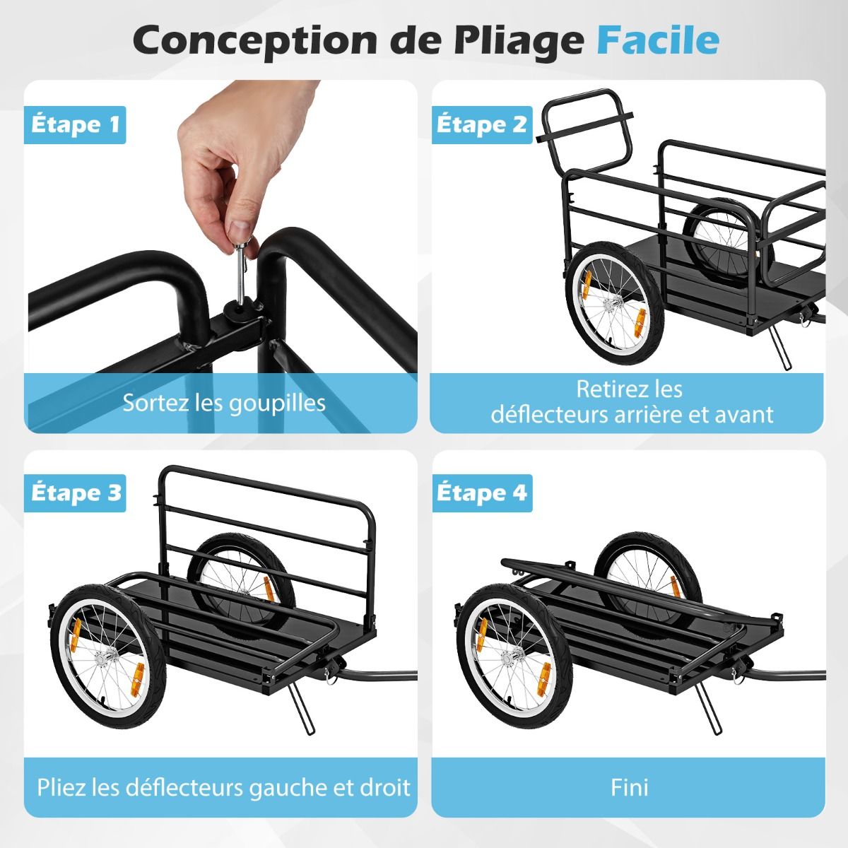 Bicycle Trailer with Foldable Frame Load 55 kg Bicycle Trolley with Oxford Cloth Cover 40 cm Air Wheels Blue Reflectors -
