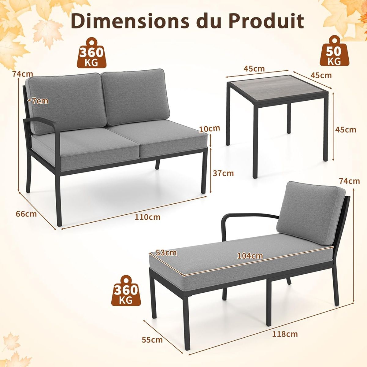3 Piece Garden Furniture Set Outdoor Upholstered Sofa Set with Coffee Table Sturdy Metal Frame Gray -