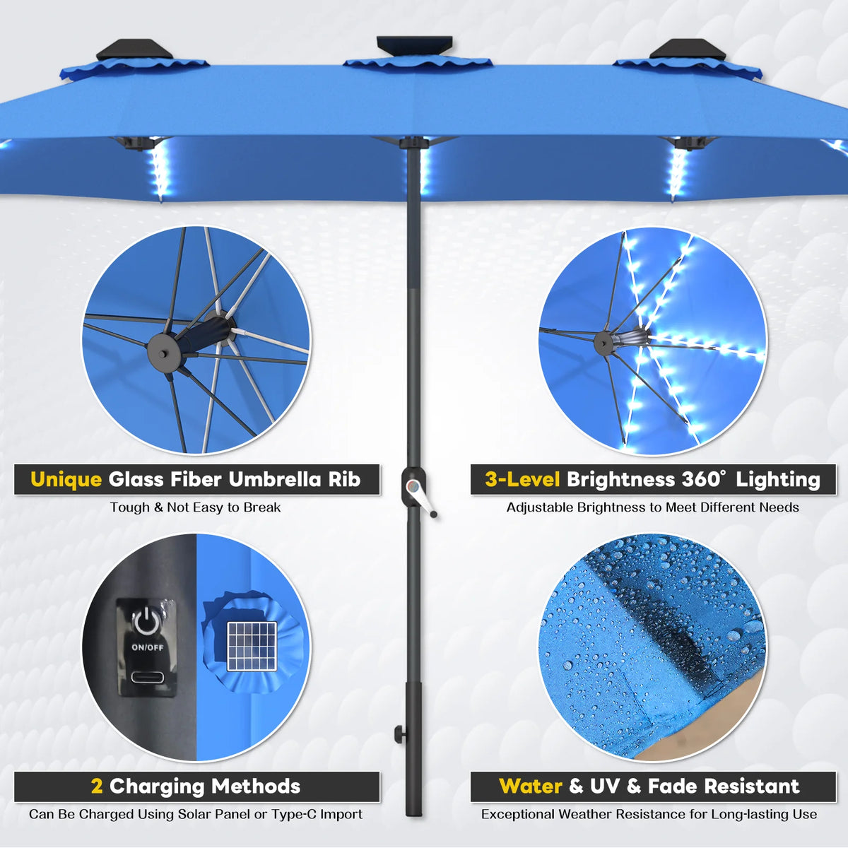 AECOJOY 15ft Patio Double-Sided Umbrella, 156 PCS Solar LED Light Outdoor Large Umbrella, Dark Blue - Product image 4