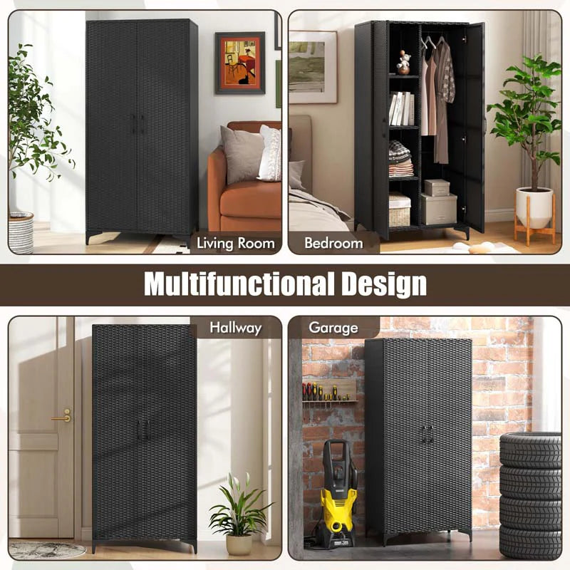 62" Tall PE Rattan Wicker Wardrobe Closet Storage Cabinet with 2 Doors, Hanging Rod, 4 Storage Cubes - Product image 7