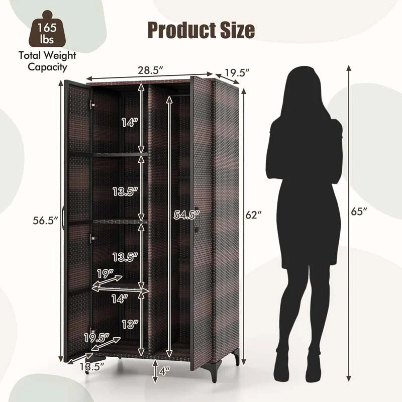 62" Tall PE Rattan Wicker Wardrobe Closet Storage Cabinet with 2 Doors, Hanging Rod, 4 Storage Cubes - Product image 18