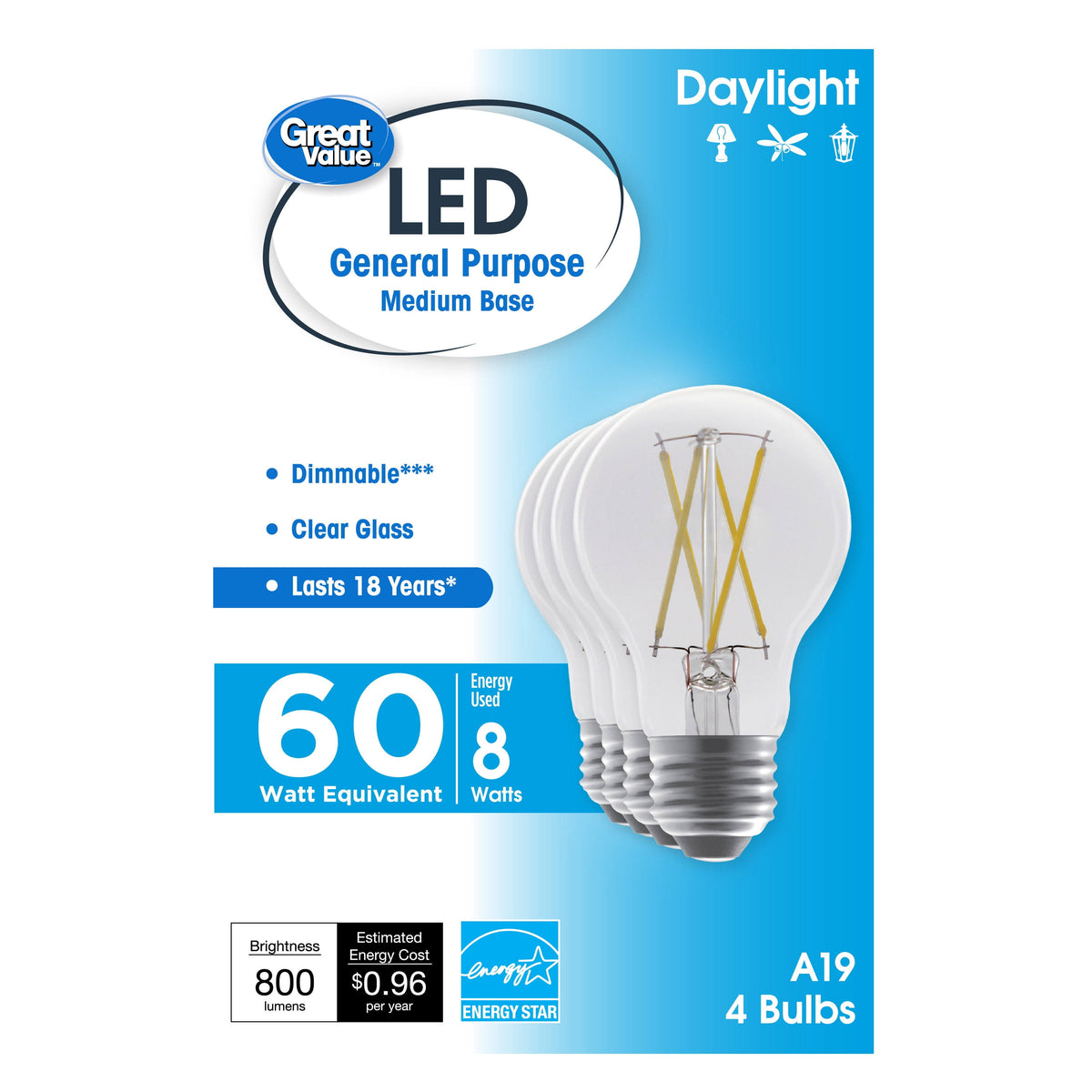 Great Value 18 Year LED Light Bulbs, A19 60 Watts Eqv, E26, Dim, Daylight, Clear Glass, 4 Pack 41605 - Product image 1