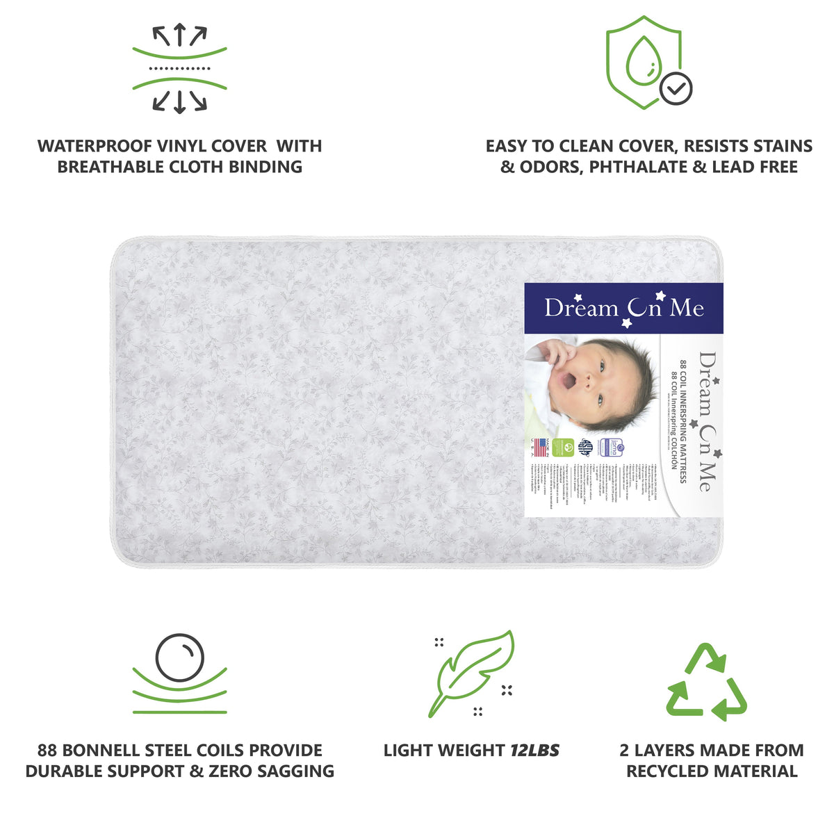 on Me Twinkle 5 88 Coil Crib and Toddler Mattress. Morning Mist Floral. Greenguard Gold Certified - Product image 3