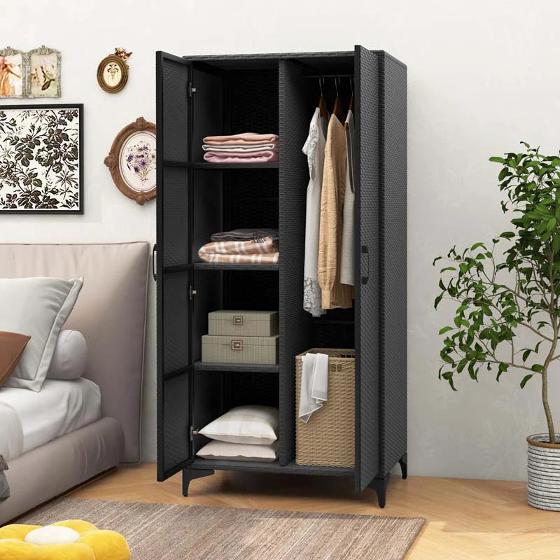 62" Tall PE Rattan Wicker Wardrobe Closet Storage Cabinet with 2 Doors, Hanging Rod, 4 Storage Cubes - Product image 2