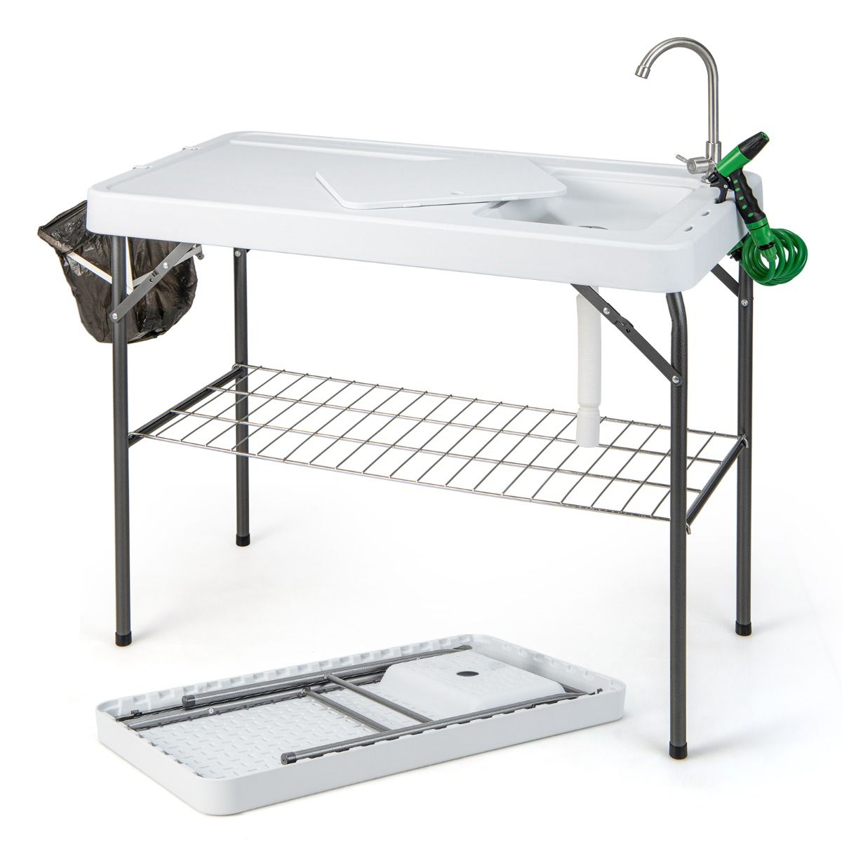 Folding Fishing Table with 360° Rotating Faucet Portable Camping Table for Cleaning Fish in Steel & HDPE with Sink and Grid Support Load 150KG -