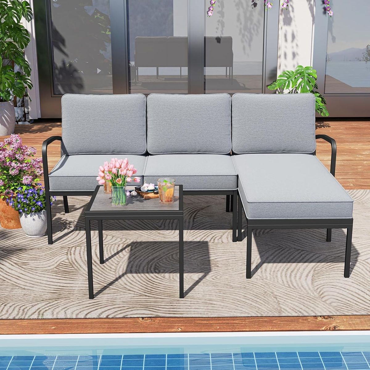 3 Piece Garden Furniture Set Outdoor Upholstered Sofa Set with Coffee Table Sturdy Metal Frame Gray -