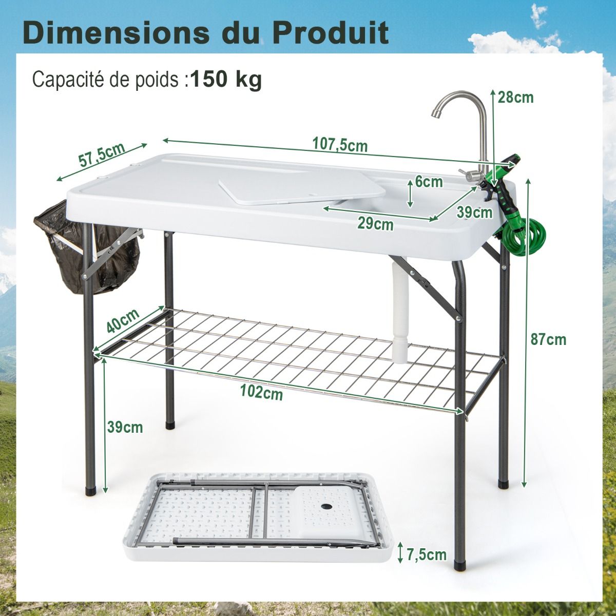 Folding Fishing Table with 360° Rotating Faucet Portable Camping Table for Cleaning Fish in Steel & HDPE with Sink and Grid Support Load 150KG -