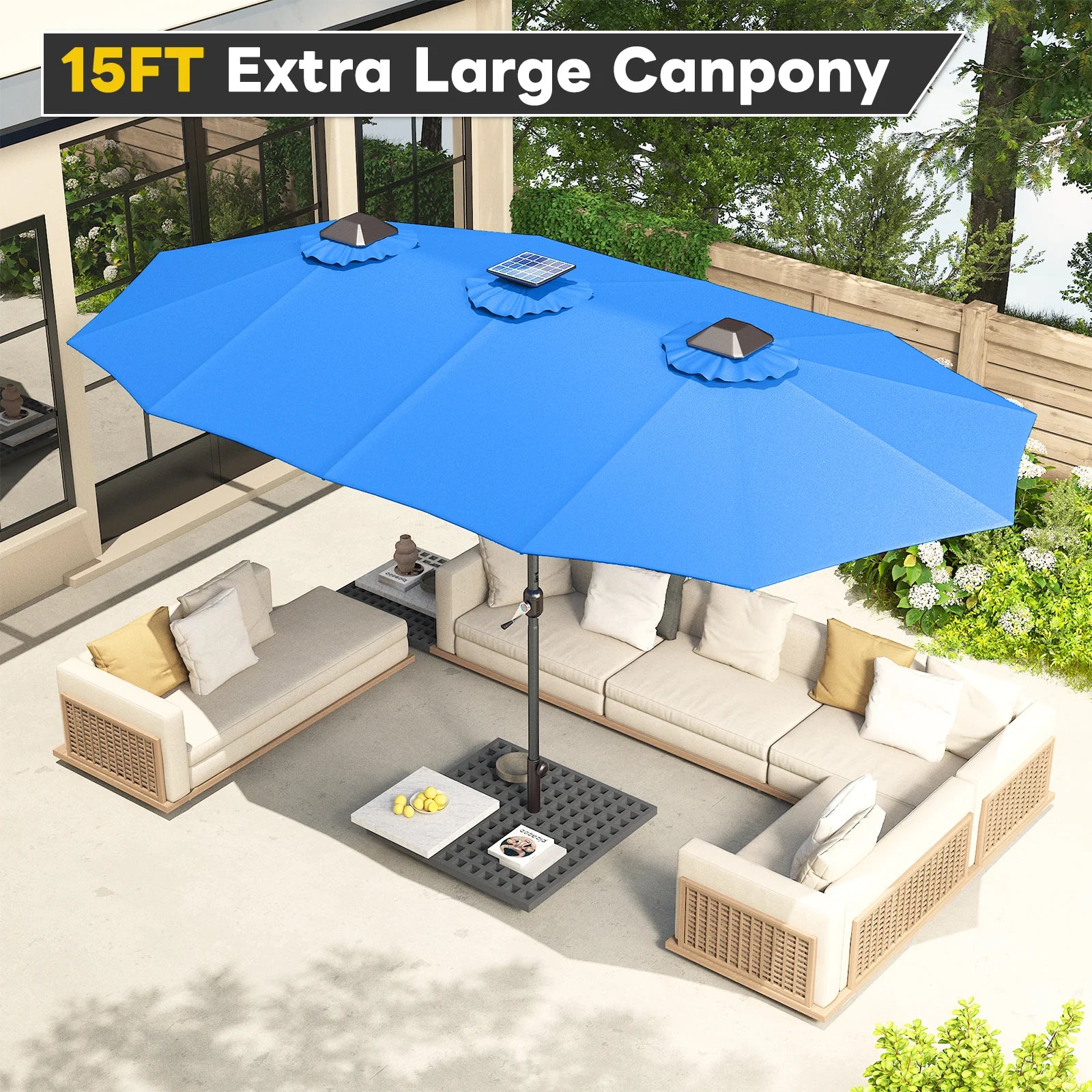 AECOJOY 15ft Patio Double-Sided Umbrella, 156 PCS Solar LED Light Outdoor Large Umbrella, Dark Blue - Product image 6