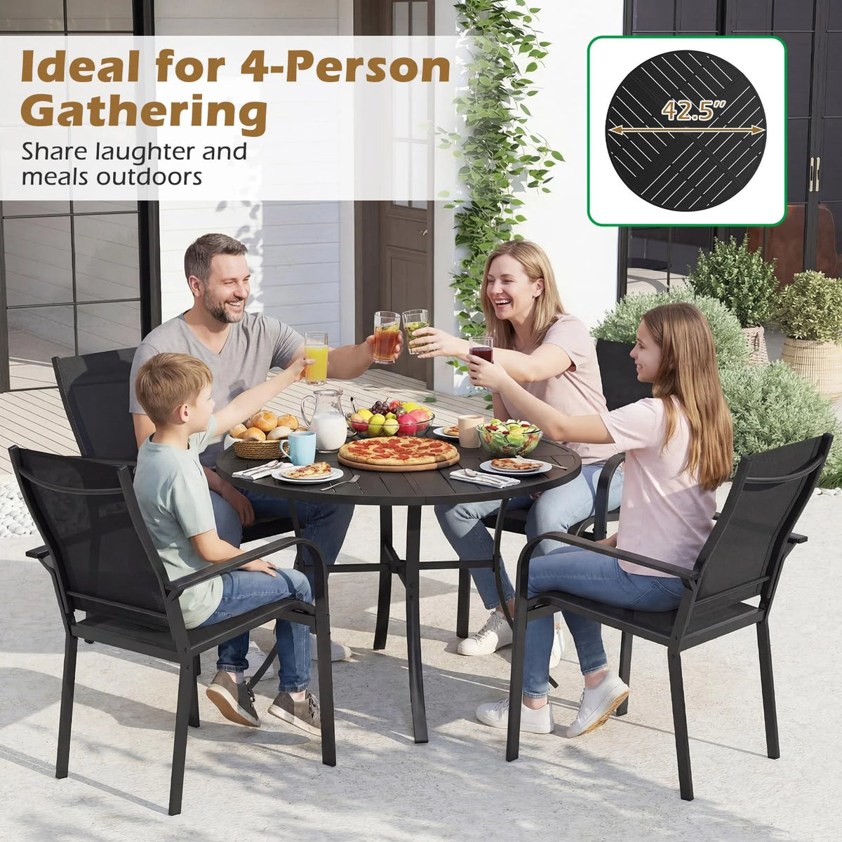 Tangkula 5 Pieces Patio Dining Set Outdoor Round Table and Stackable Chairs with Umbrella Hole - Product image 3