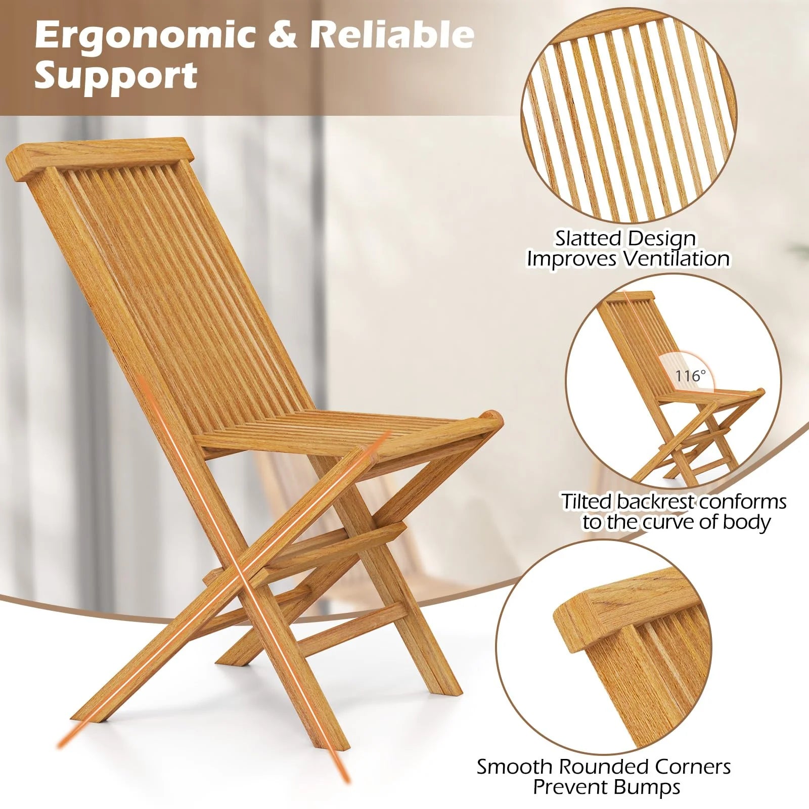 Tangkula Patio Folding Chairs Set of 2/4, Outdoor Teak Wood Chairs w/Slatted Seat & Backrest - Product image 8