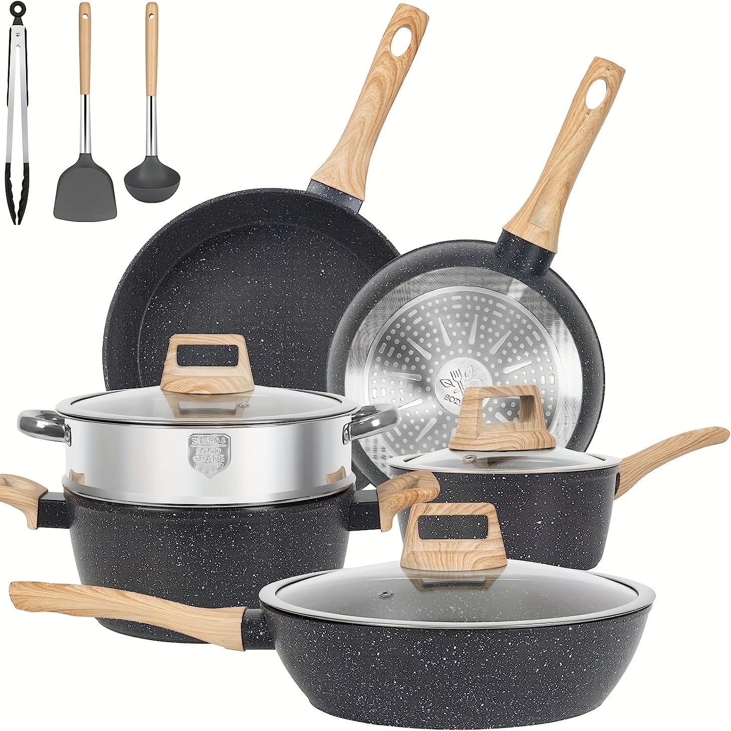 Non - Stick 12 POTS and Pans Set, Cookware Set, Including Frying Pan, Steamer, Silicone Spatula and Tongs - Product image 9