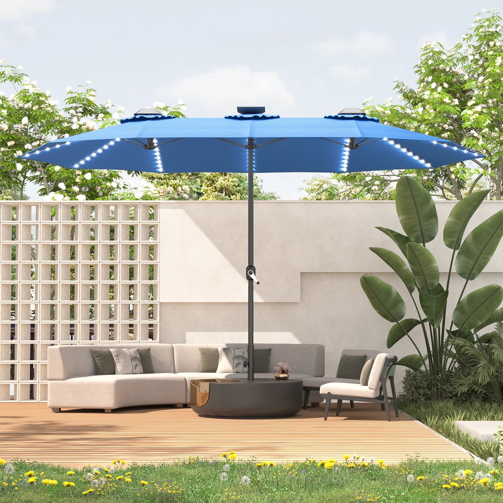 AECOJOY 15ft Patio Double-Sided Umbrella, 156 PCS Solar LED Light Outdoor Large Umbrella, Dark Blue - Product image 9