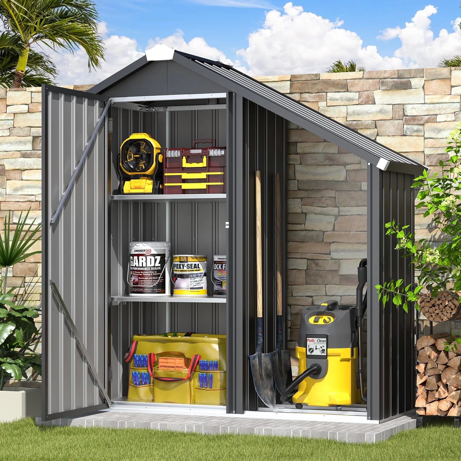 AECOJOY Outdoor Storage Cabinet Waterproof with Shelves and Lean to Open-Sided Firewood Racks - Product image 2