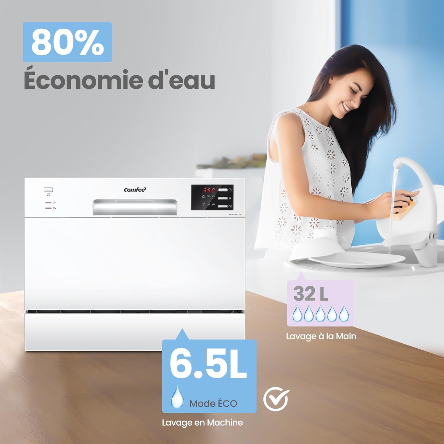 COMFEE' TD602E-W Compact free-standing dishwasher, LED display, 6.5 liters, white, noise level: 47 dB