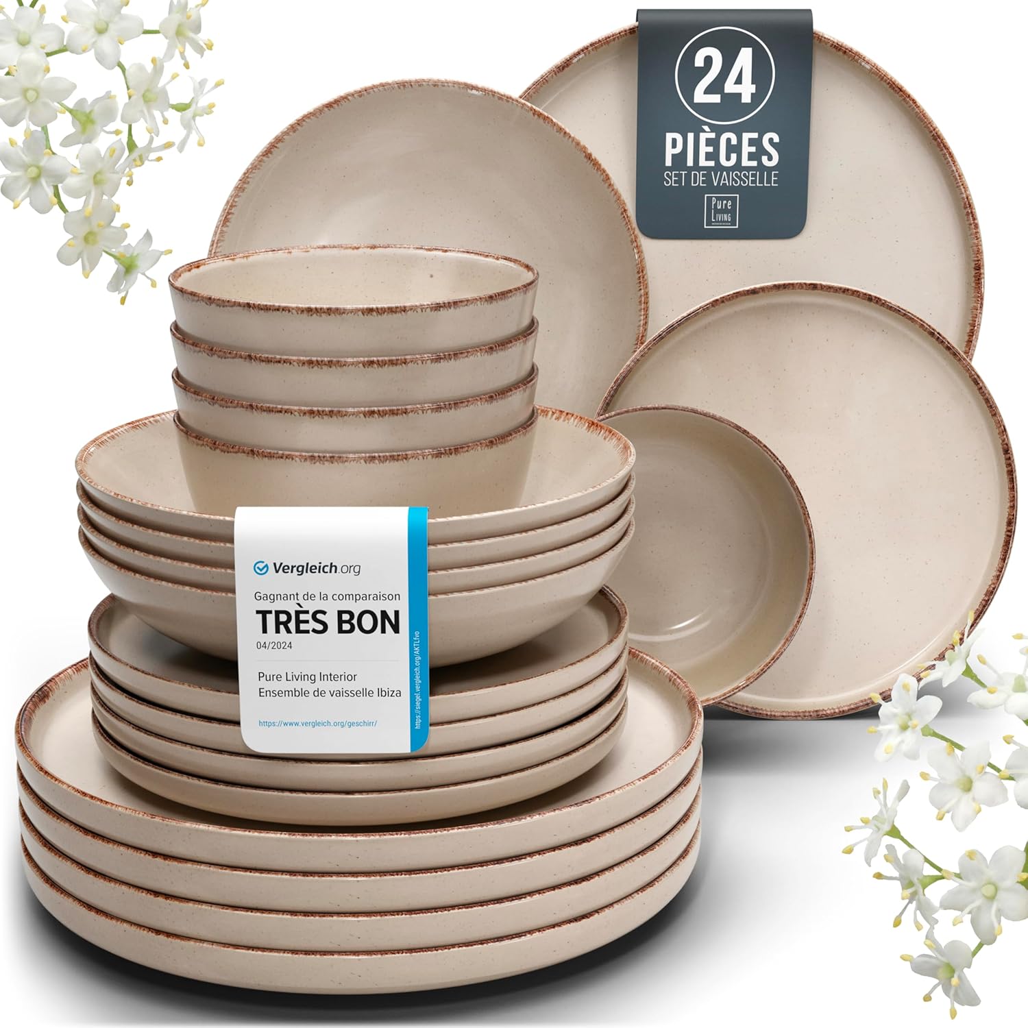 Rustic Stoneware Dinnerware Set for 6 People 24 Pieces - Rustic Dinner Service, Dishwasher Safe - Set of Bowls and Plates - Pure Living Tableware in Beige