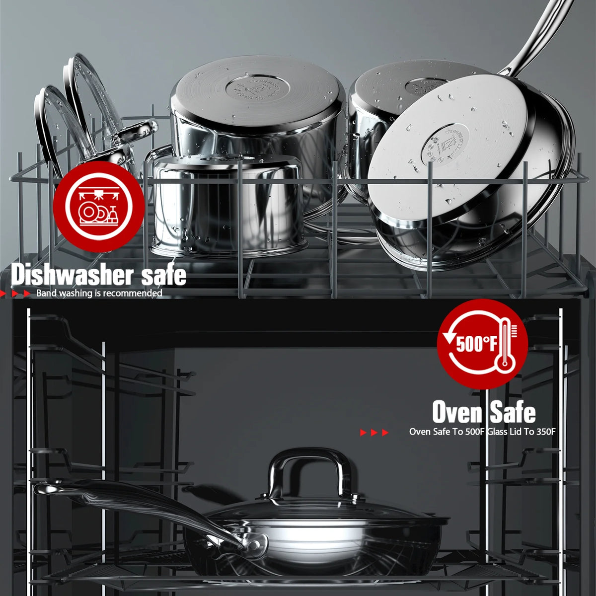 Cook N Home Pots and Pans Stainless Steel, 8 - Piece Induction Pot Kitchen Cookware Set, Silver, Oven Safe - Product image 5