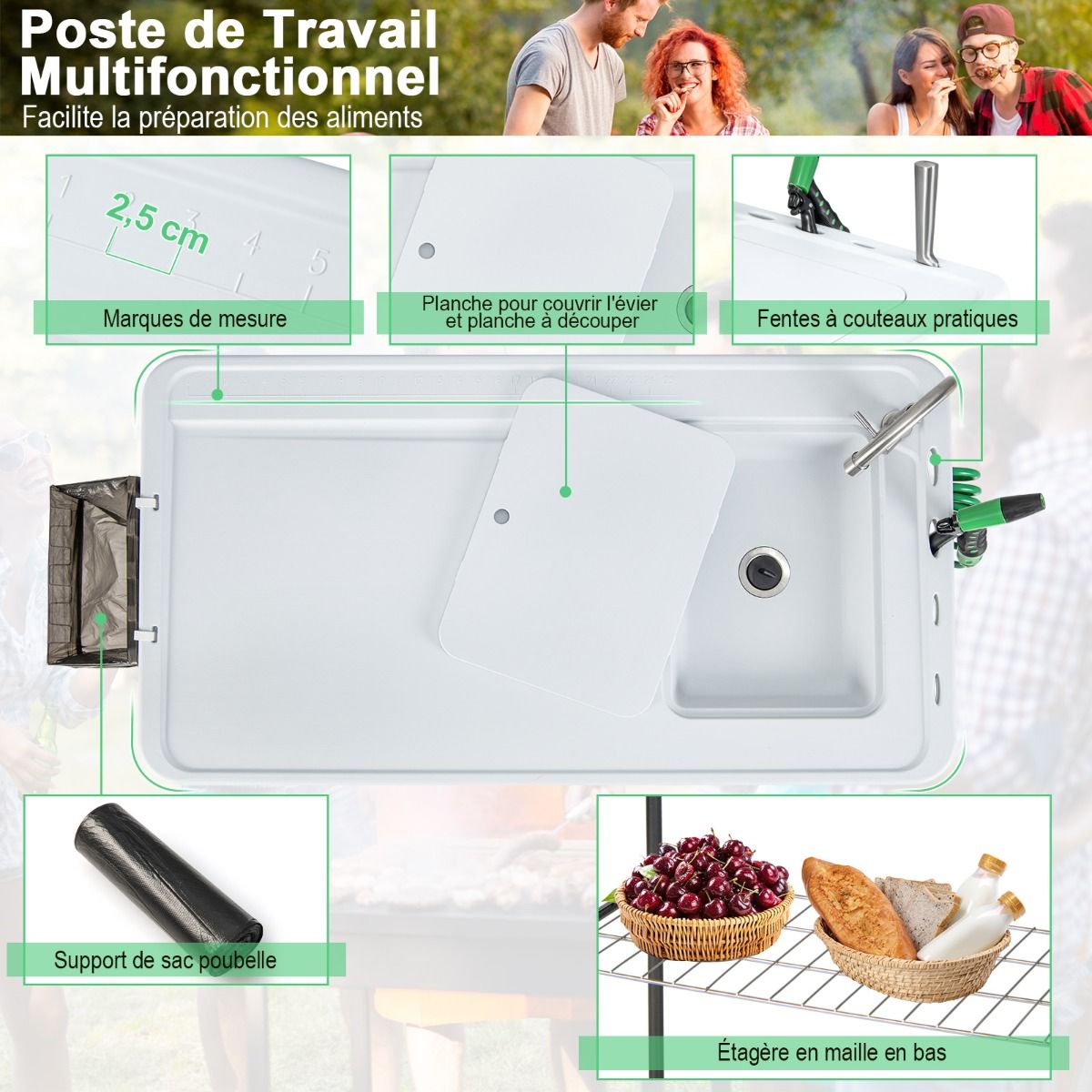 Folding Fishing Table with 360° Rotating Faucet Portable Camping Table for Cleaning Fish in Steel & HDPE with Sink and Grid Support Load 150KG -
