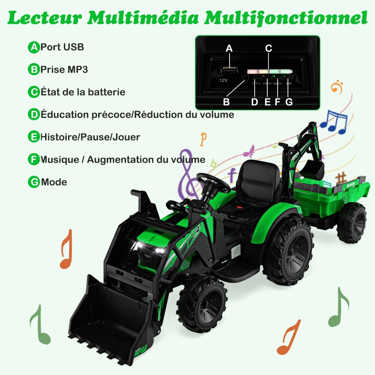 12 V Electric Tractor for Children 3-5 km/h MP3 USB Remote Control Green/Yellow -