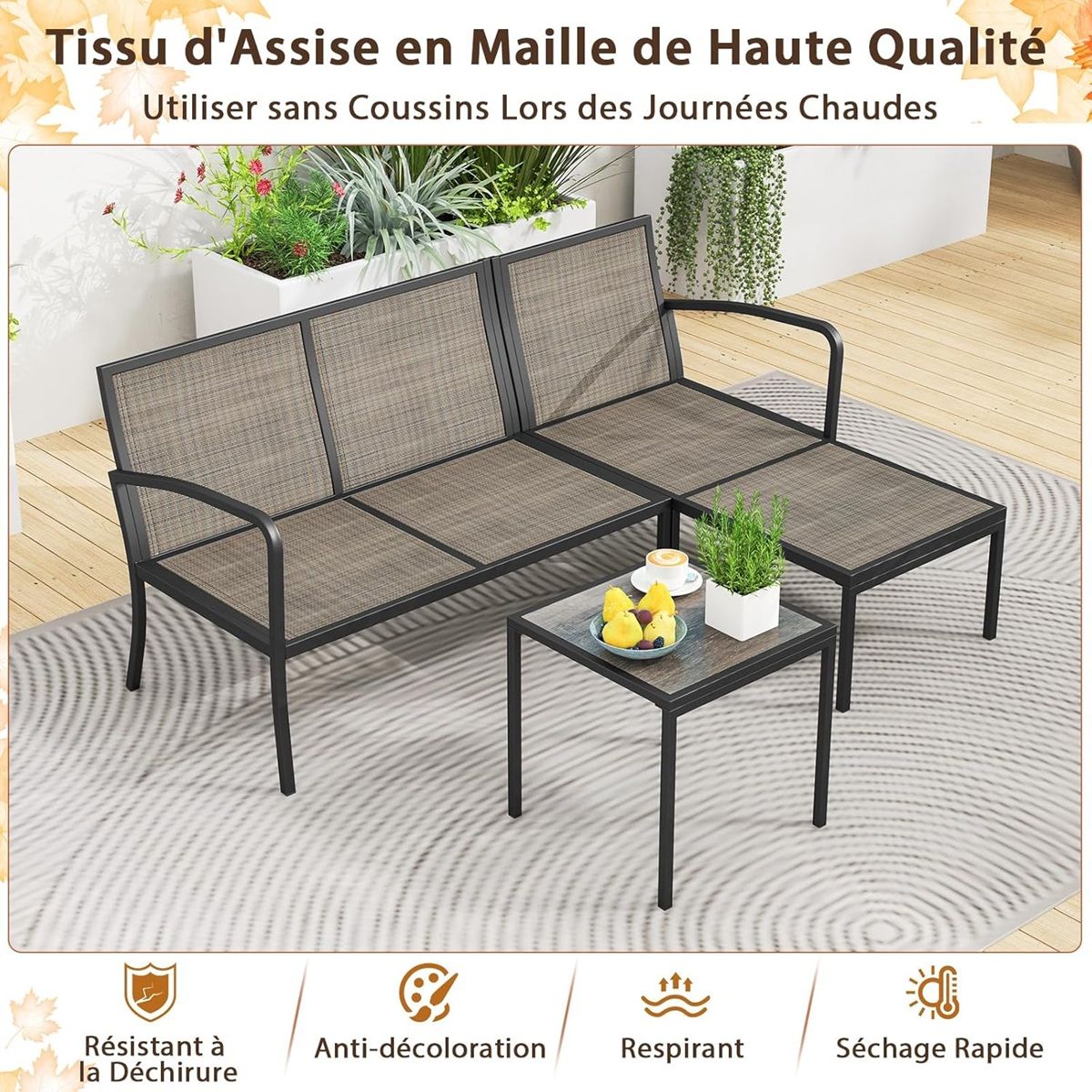 3 Piece Garden Furniture Set Outdoor Upholstered Sofa Set with Coffee Table Sturdy Metal Frame Gray -