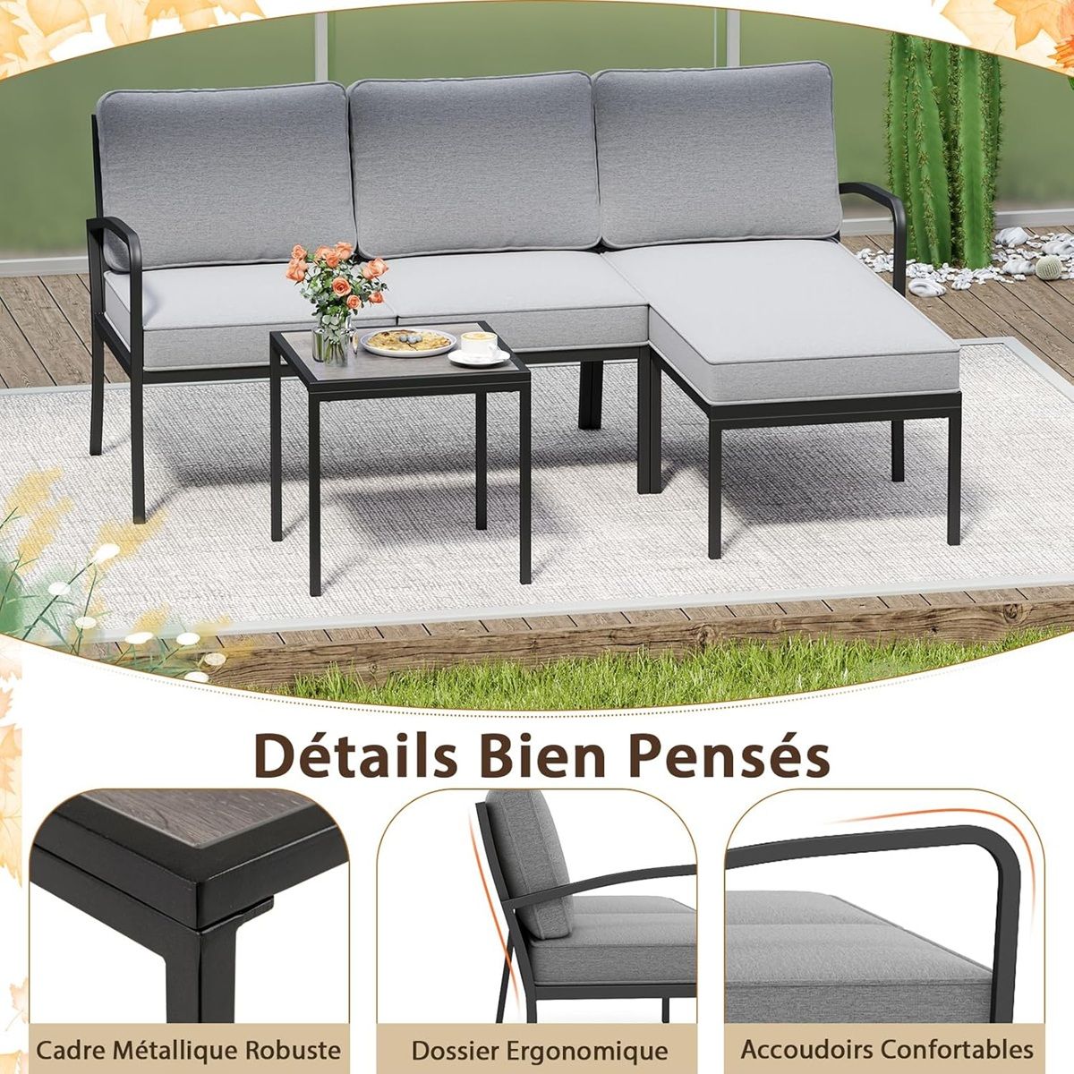 3 Piece Garden Furniture Set Outdoor Upholstered Sofa Set with Coffee Table Sturdy Metal Frame Gray -