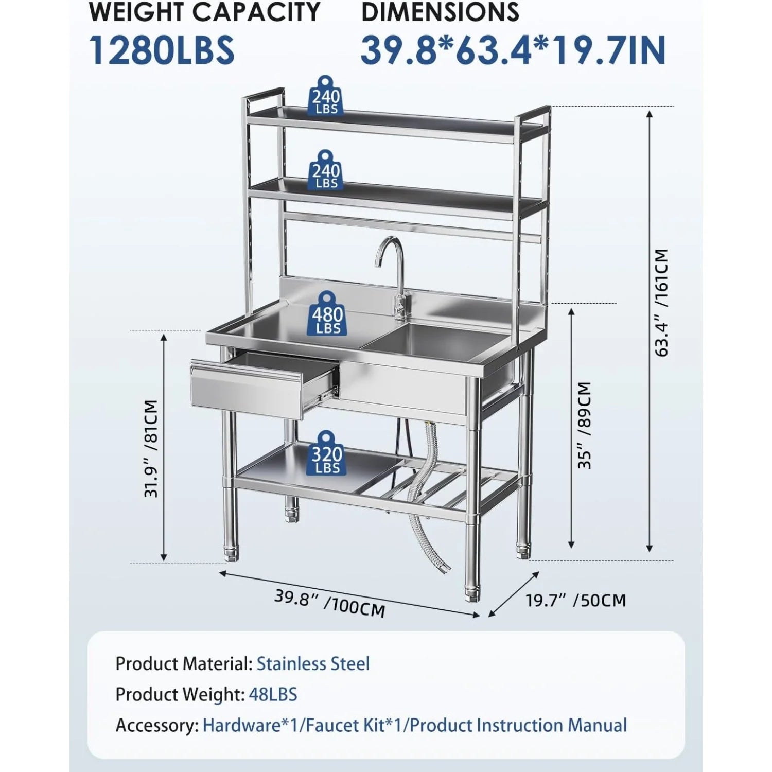 AECOJOY Stainless Steel Utility Sink with Shelves, Free Standing Single Bowl Commercial Kitchen Sinks