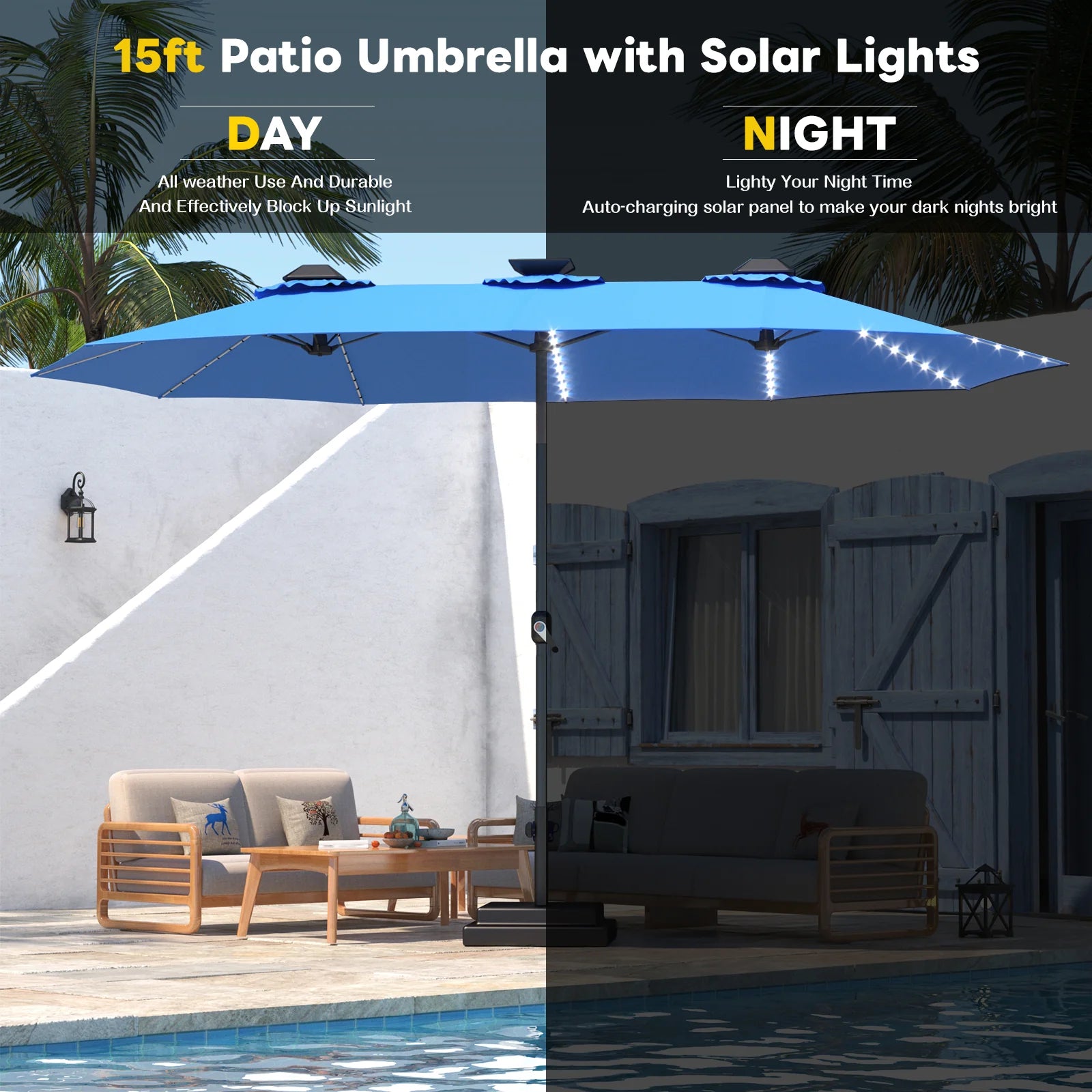 AECOJOY 15ft Patio Double-Sided Umbrella, 156 PCS Solar LED Light Outdoor Large Umbrella, Dark Blue - Product image 7