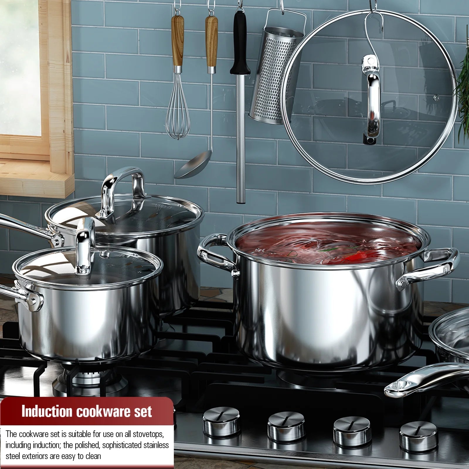Cook N Home Pots and Pans Stainless Steel, 8 - Piece Induction Pot Kitchen Cookware Set, Silver, Oven Safe - Product image 3