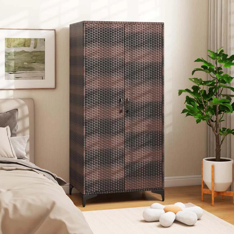 62" Tall PE Rattan Wicker Wardrobe Closet Storage Cabinet with 2 Doors, Hanging Rod, 4 Storage Cubes - Product image 12