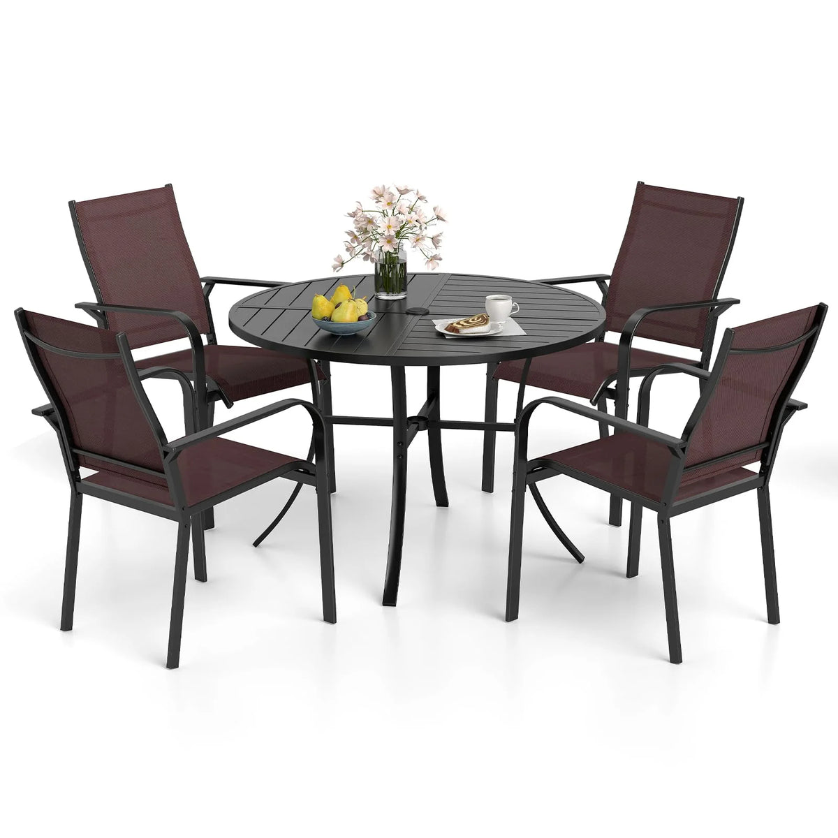 Tangkula 5 Pieces Patio Dining Set Outdoor Round Table and Stackable Chairs with Umbrella Hole - Product image 1