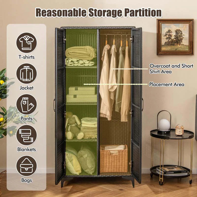 62" Tall PE Rattan Wicker Wardrobe Closet Storage Cabinet with 2 Doors, Hanging Rod, 4 Storage Cubes - Product image 4