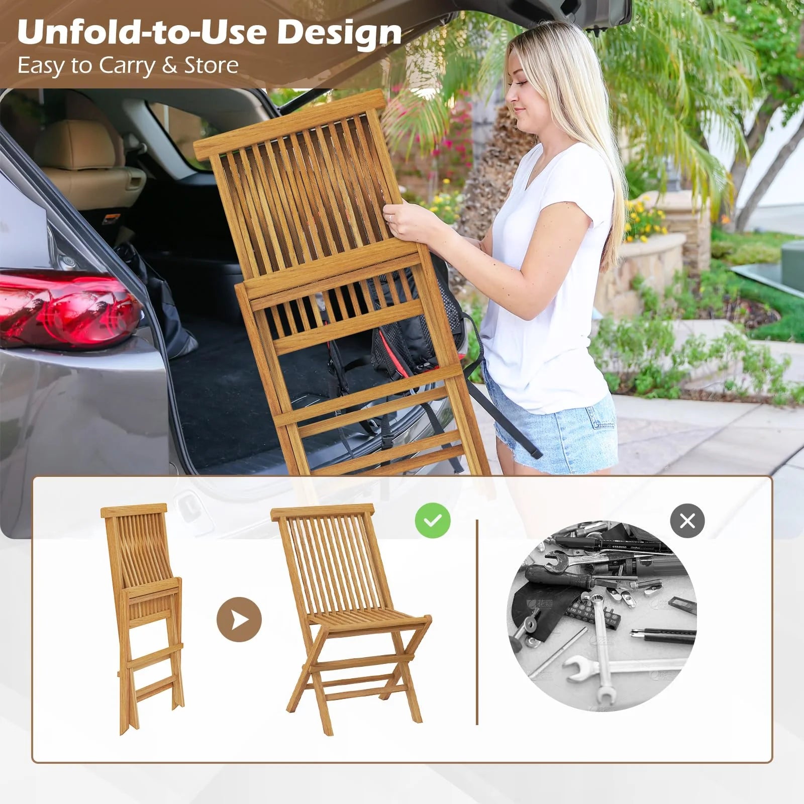 Tangkula Patio Folding Chairs Set of 2/4, Outdoor Teak Wood Chairs w/Slatted Seat & Backrest - Product image 6