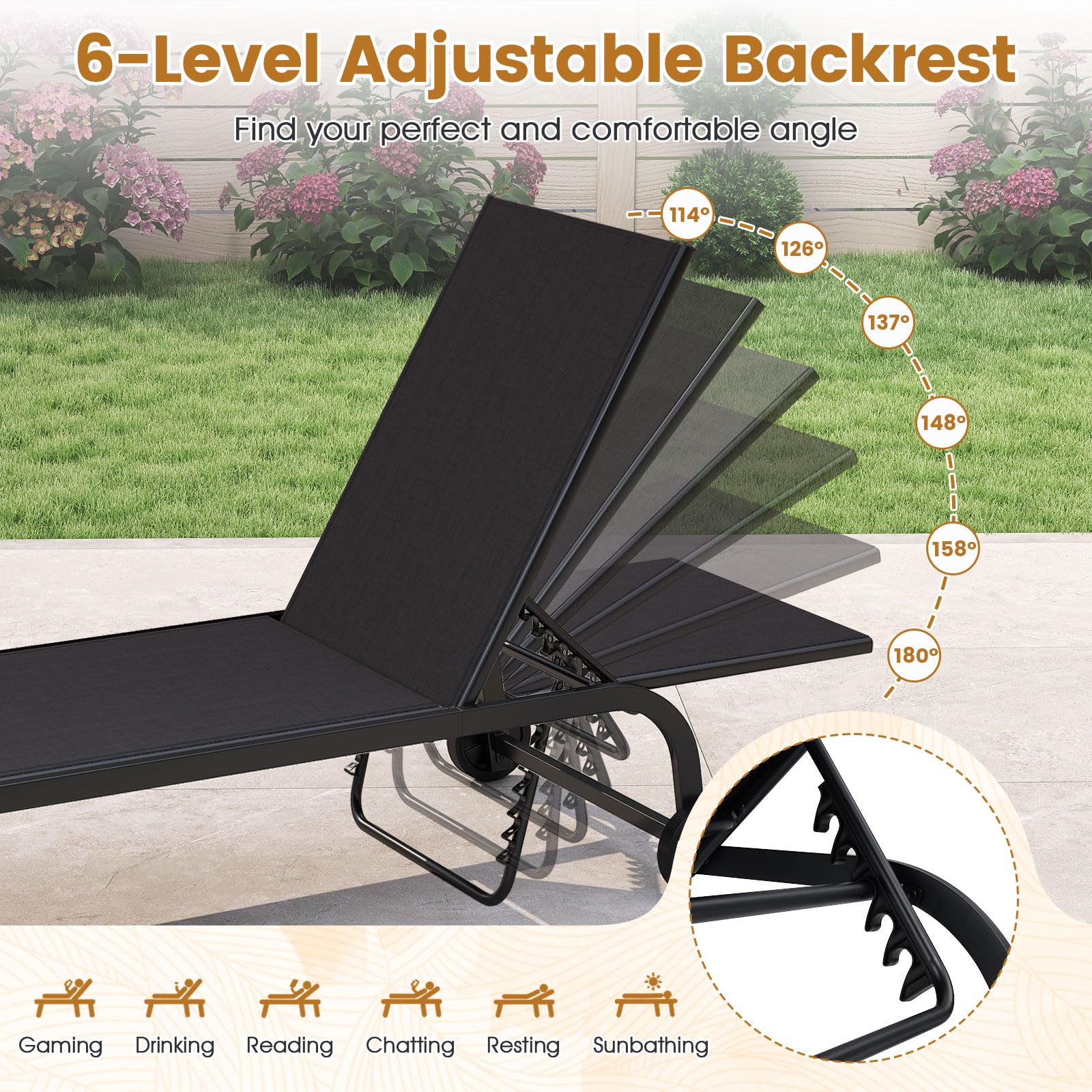 Tangkula Lounge Chair Outdoor 6-Position Recliner Metal Frame Breathable Fabric (1/2) - Product image 3