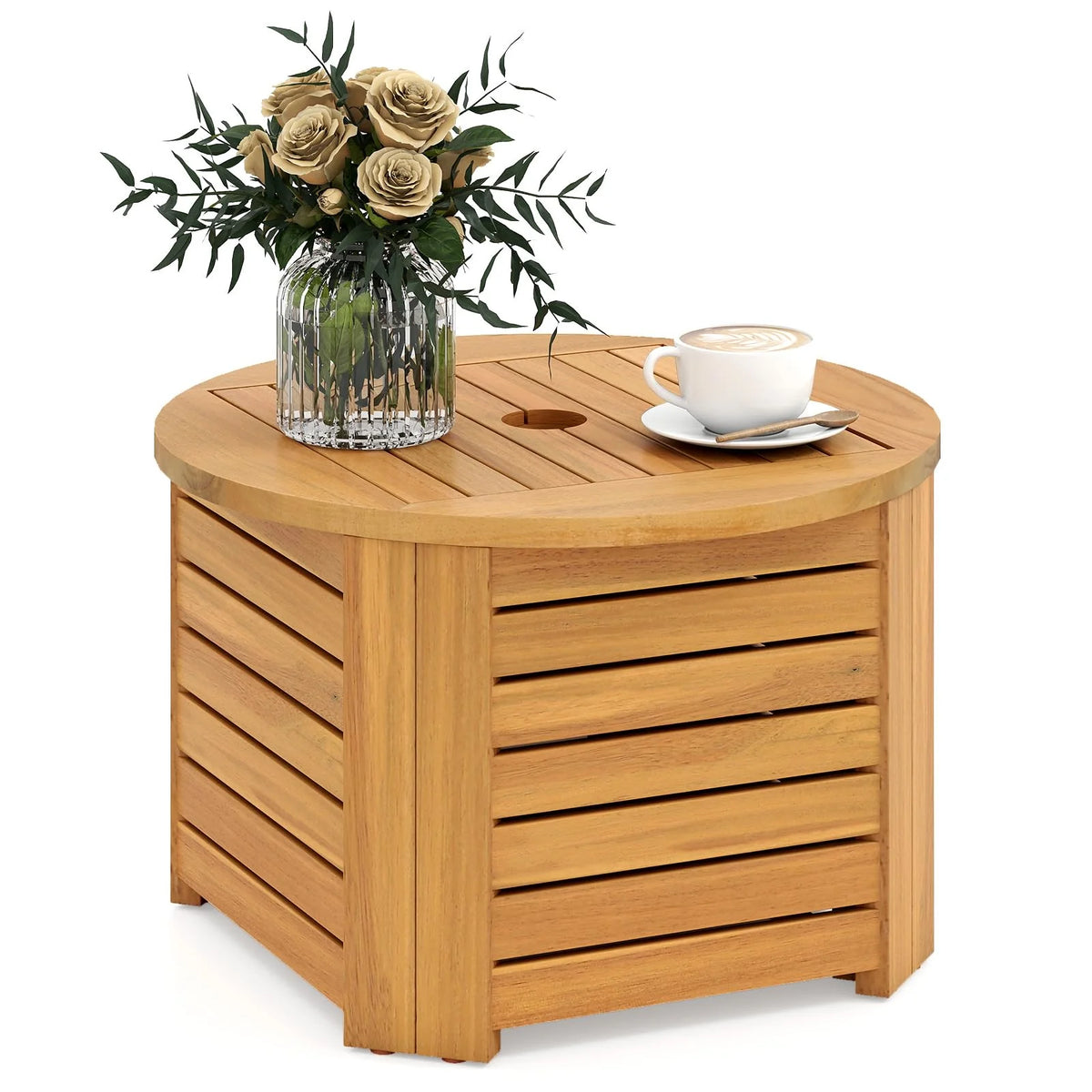 Tangkula 2-in-1 Outdoor Side Table with Storage Acacia Wood Slatted Coffee Table Square and Round Slatted - Product image 1