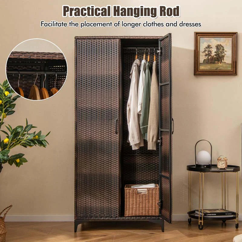 62" Tall PE Rattan Wicker Wardrobe Closet Storage Cabinet with 2 Doors, Hanging Rod, 4 Storage Cubes - Product image 14