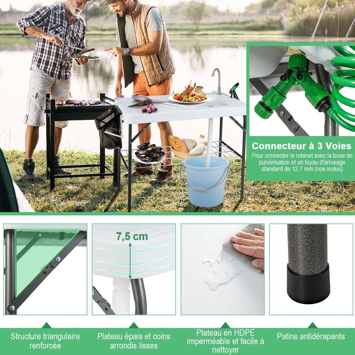Folding Fishing Table with 360° Rotating Faucet Portable Camping Table for Cleaning Fish in Steel & HDPE with Sink and Grid Support Load 150KG -