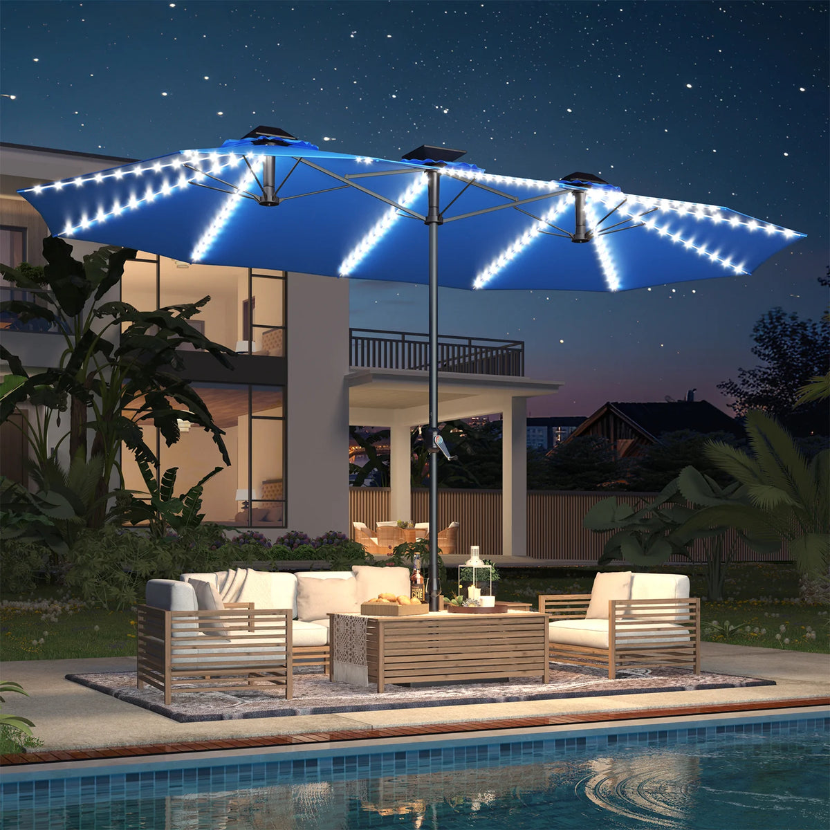 AECOJOY 15ft Patio Double-Sided Umbrella, 156 PCS Solar LED Light Outdoor Large Umbrella, Dark Blue - Product image 8