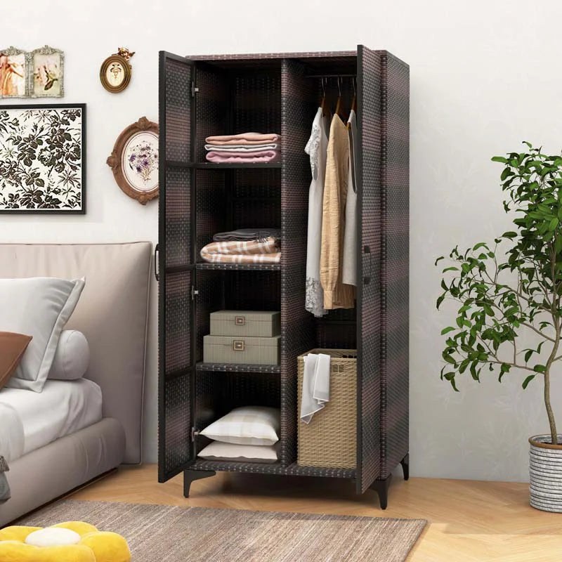 62" Tall PE Rattan Wicker Wardrobe Closet Storage Cabinet with 2 Doors, Hanging Rod, 4 Storage Cubes - Product image 11