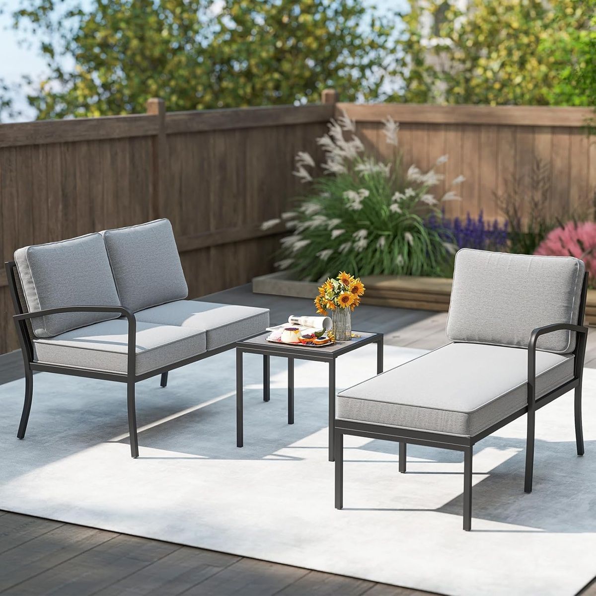 3 Piece Garden Furniture Set Outdoor Upholstered Sofa Set with Coffee Table Sturdy Metal Frame Gray -