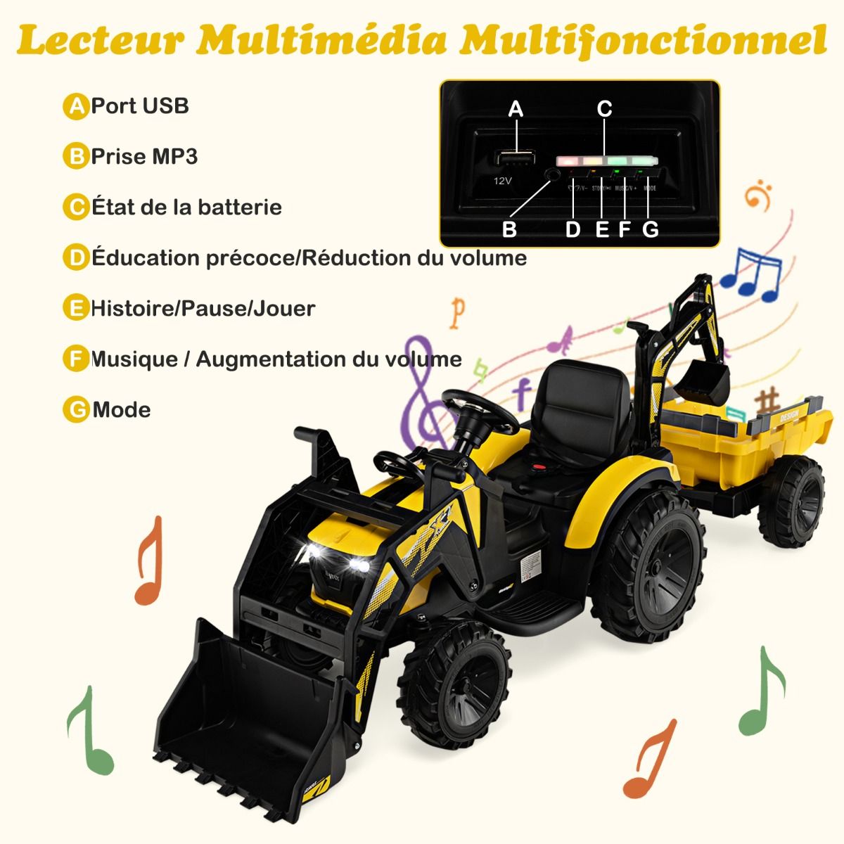 12 V Electric Tractor for Children 3-5 km/h MP3 USB Remote Control Green/Yellow -