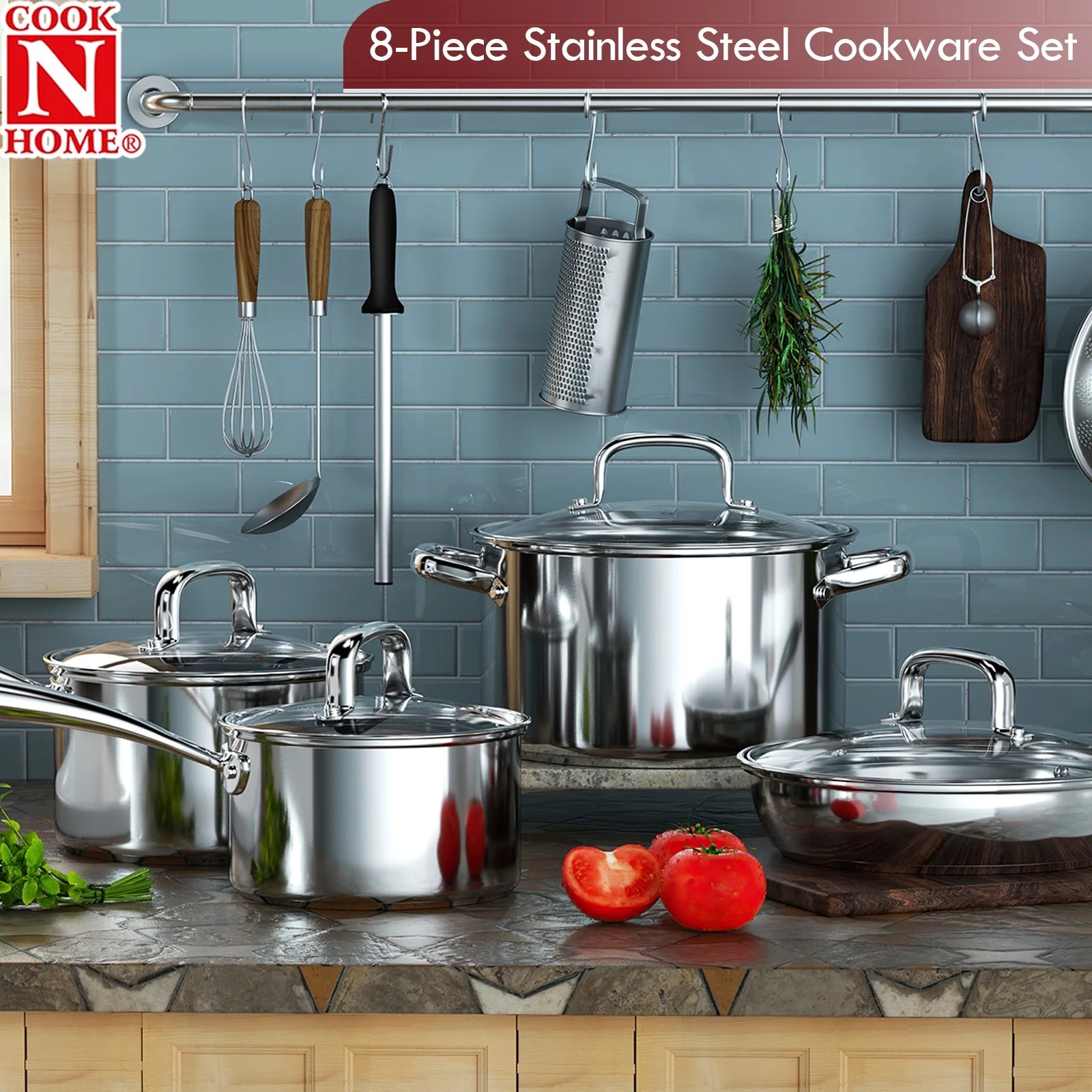 Cook N Home Pots and Pans Stainless Steel, 8 - Piece Induction Pot Kitchen Cookware Set, Silver, Oven Safe - Product image 9