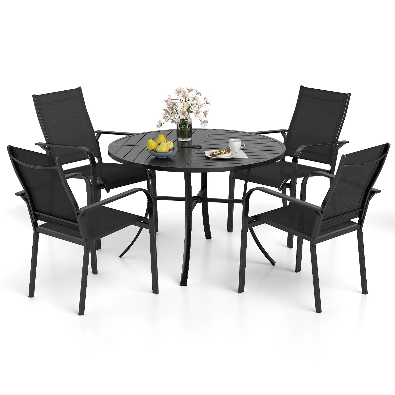 Tangkula 5 Pieces Patio Dining Set Outdoor Round Table and Stackable Chairs with Umbrella Hole - Product image 10