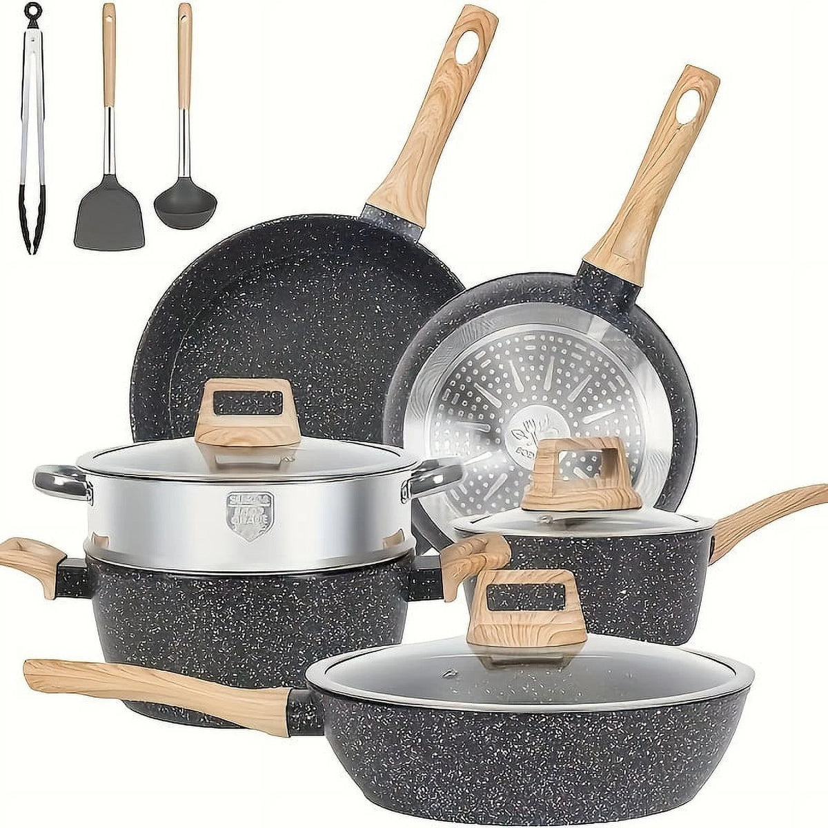 Non - Stick 12 POTS and Pans Set, Cookware Set, Including Frying Pan, Steamer, Silicone Spatula and Tongs - Product image 2