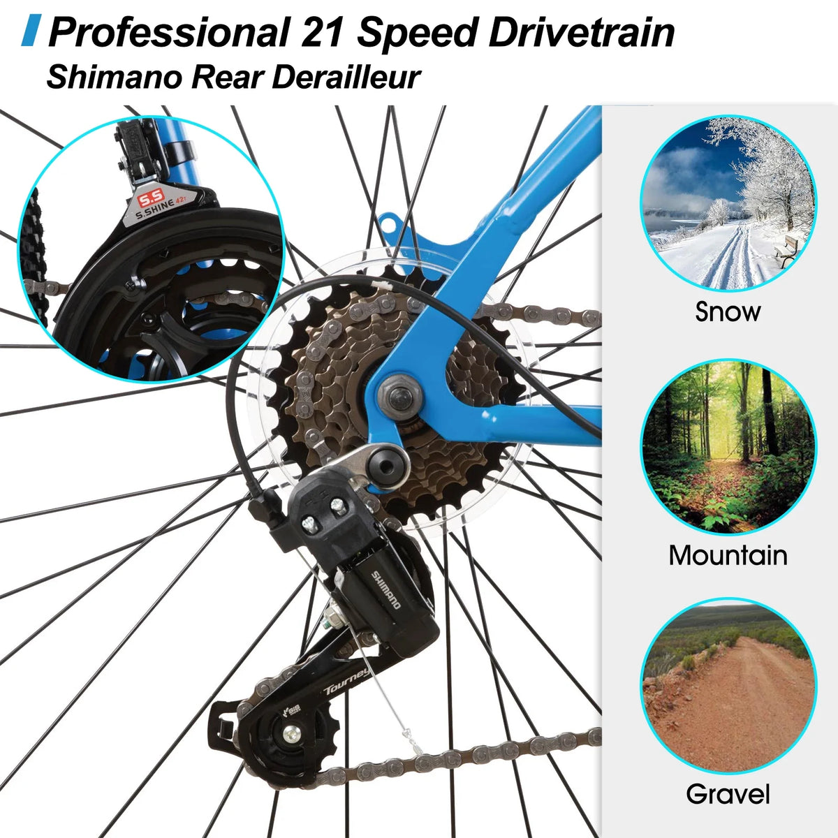 Hiland 26 27.5 29 in Mountain Bike, Mens Womens MTB with 21 Speeds, High - Tensile Steel Frame, V Brake - Product image 15