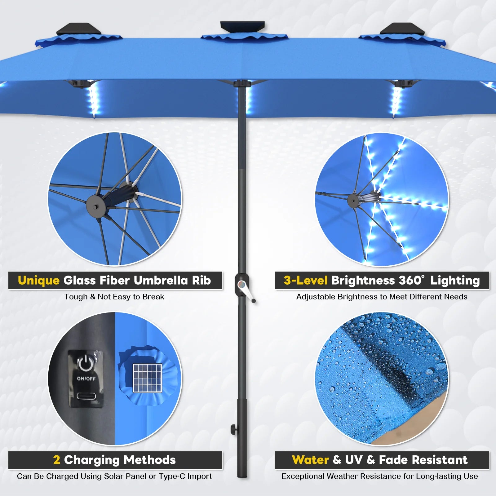 AECOJOY 15ft Patio Double-Sided Umbrella, 156 PCS Solar LED Light Outdoor Large Umbrella, Dark Blue - Product image 4