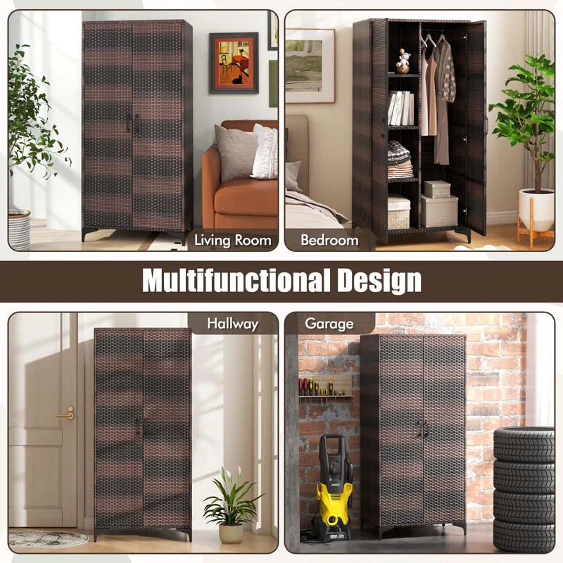 62" Tall PE Rattan Wicker Wardrobe Closet Storage Cabinet with 2 Doors, Hanging Rod, 4 Storage Cubes - Product image 16